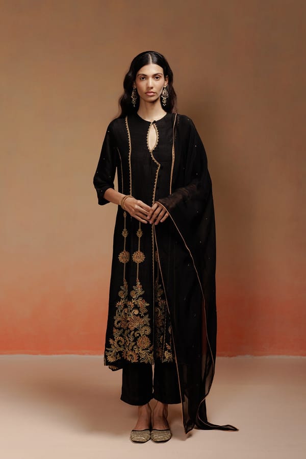 Black Matka Silk Anarkali Kurta Set with Embroidery — LABEL NAARITI