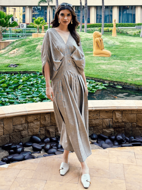 Olive Green Draped Sleeve Wide-Leg Maxi Jumpsuit — HOUSE OF FETT