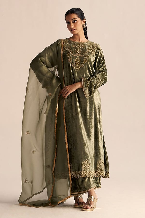 Deep Lichen Green Velvet Embroidered Kurta Set with Dupatta — Ganga Fashions Pvt Ltd