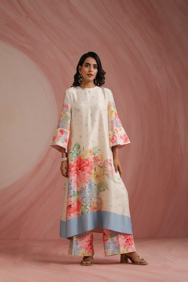 Ivory Printed A-Line Kurta Set with Trousers — Moh India