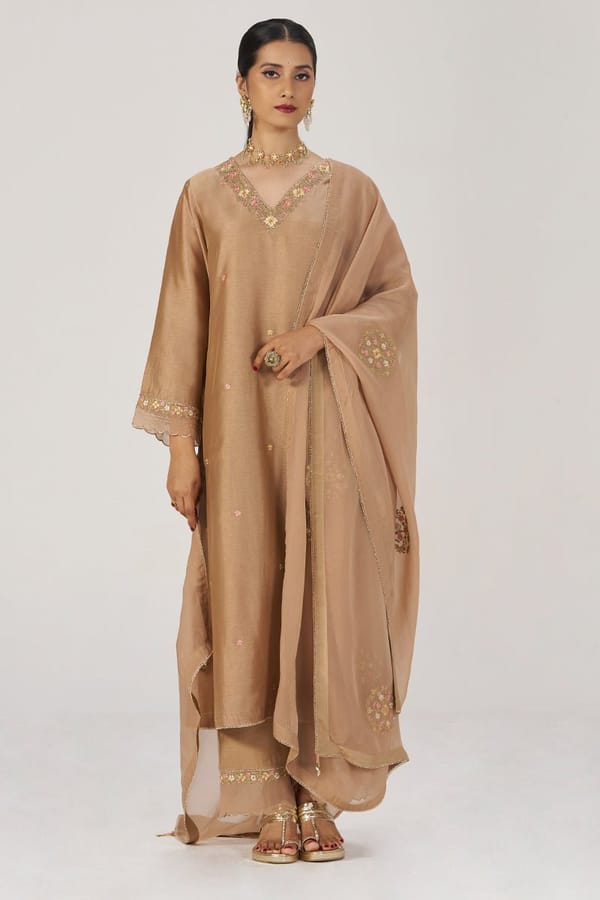 Toasted Almond Raw Silk Festive Kurta Set — Ganga Fashions Pvt Ltd