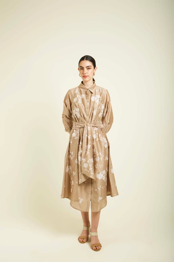 Beige Floral Printed Silk Chanderi Midi Shirt Dress — Arcvsh Pallavi Singh