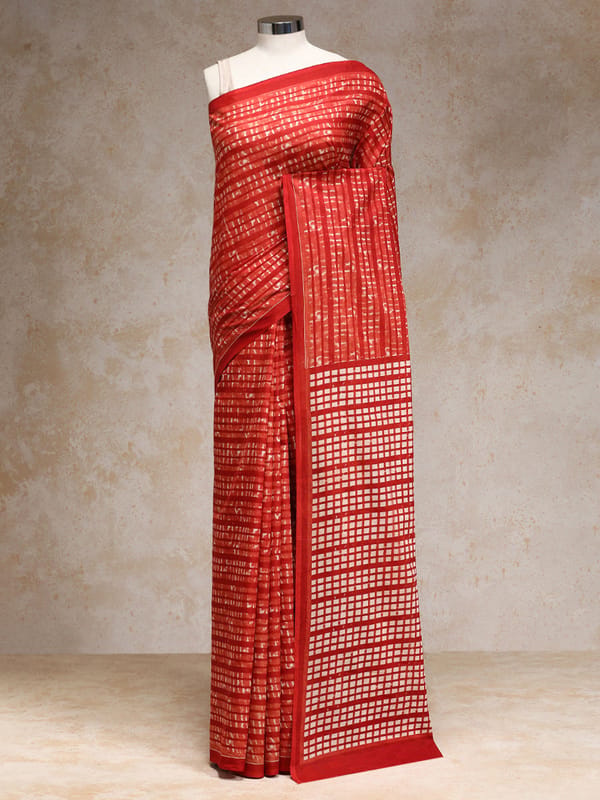 Chili Red Handblock Printed Grid Motif Mulmul — BINKS