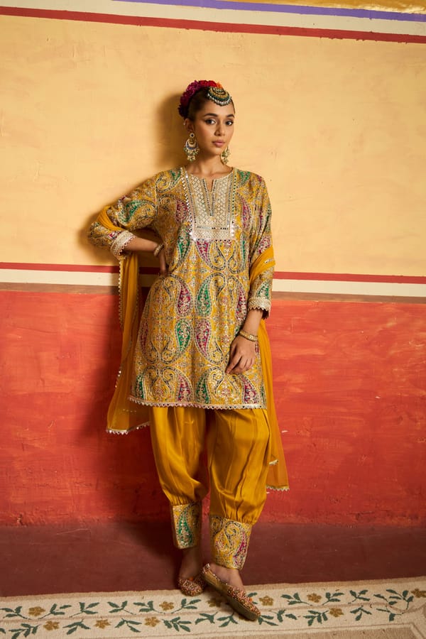 Yellow Paisley Embroidered Straight Kurta Set with Dupatta — TASUVURE