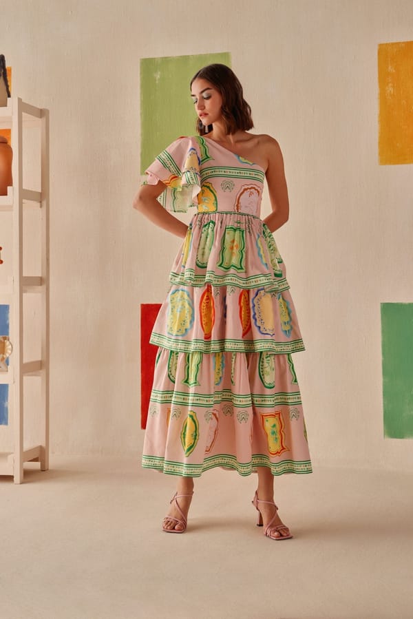 One-Shoulder Tiered Printed Cotton Midi Dress — Sage by Mala