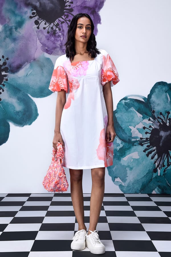 White Coral Floral Square Neck Lace-Up Back Dress — Genes Lecoanet Hemant