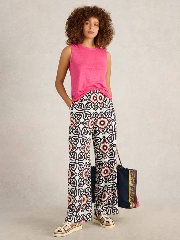 White Print Wide-Leg Linen Blend Drawstring Trousers — White Stuff