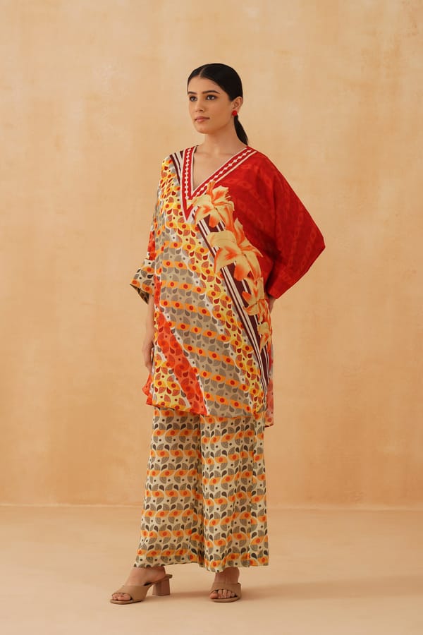 Multicolor Printed Kaftan Top and Wide-Leg Pants Co-ord Set — NEETIKA CHOPRA