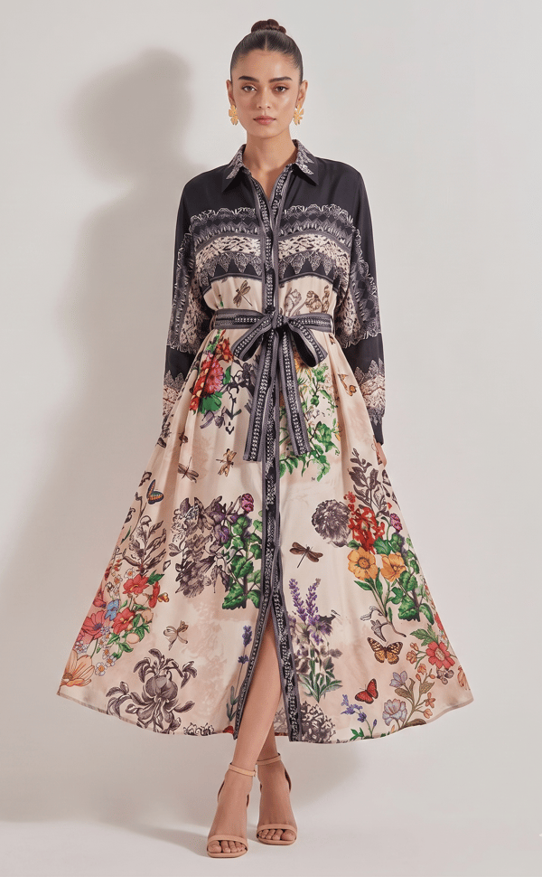 Multicolor Printed Maxi Shirt Dress with Waist Tie — Kavita Bhartia
