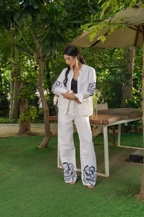 Ivory High-Rise Straight-Leg Trousers with Hem Embroidery — Akirah