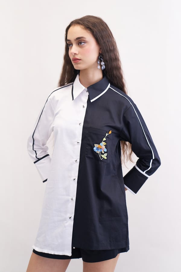 Black and White Colorblocked Cotton Satin Shirt — Our Love