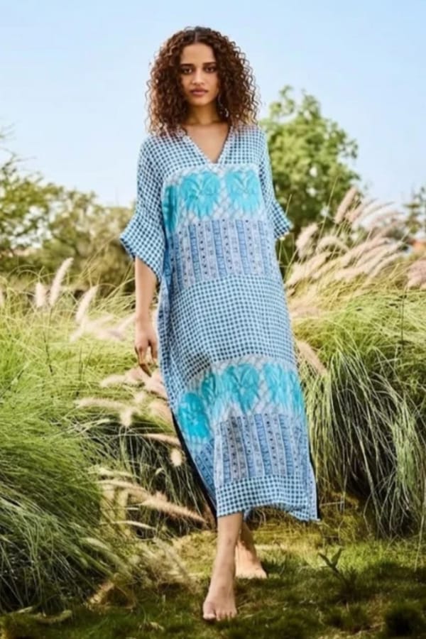 Blue Printed Chiffon Kaftan Maxi Dress — Basil Leaf