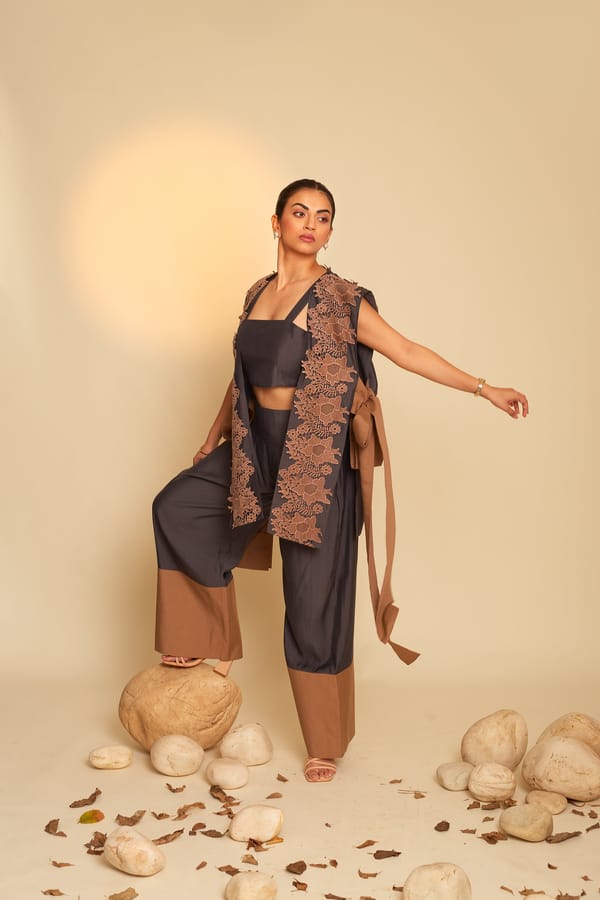 Slate and Tan Colorblock 3-Piece Co-ord Set — An'era by Asmita Verma