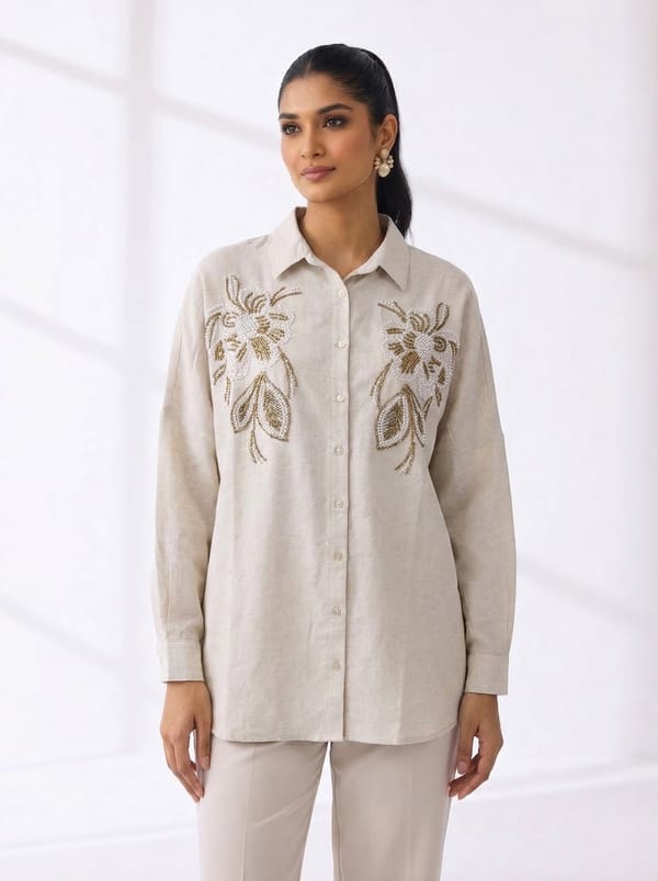 Natural Beige Embellished Floral Longline Shirt — BURRASCA