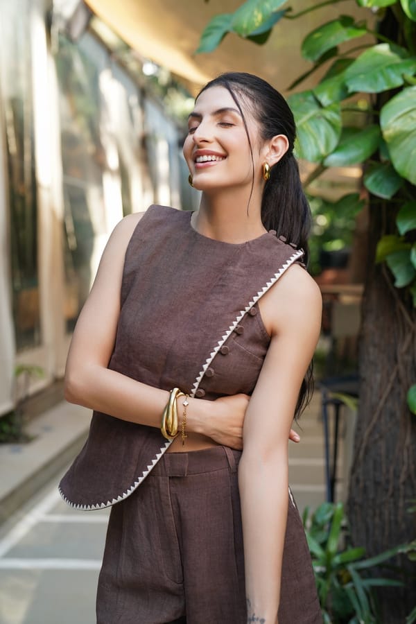 Mocha Linen Two-Piece Crop Top with Asymmetric Overlay — AARI