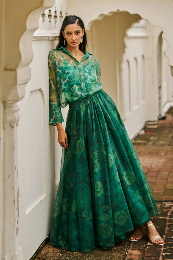 Emerald Printed Organza Maxi Skirt — Dash and Dot