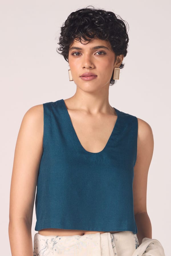 Deep Blue Silk Twill Scoop-Neck Sleeveless Crop Top — The Summer House