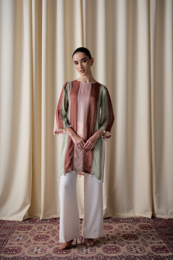 Pink Colorblocked Tunic and Ivory Pants Co-ord Set — Love Kiki
