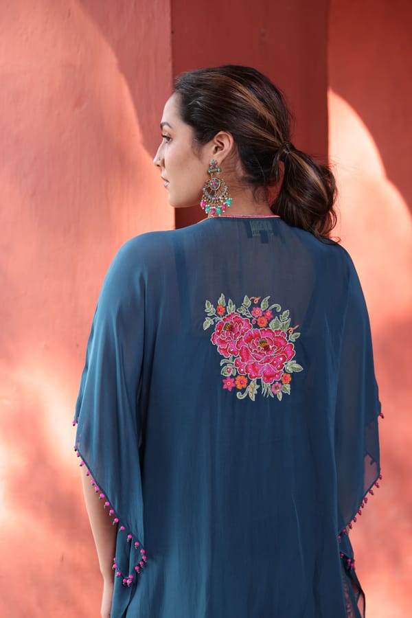 Floral Organza Embroidered Co-Ord Set Teal Blue — Kahani Lush