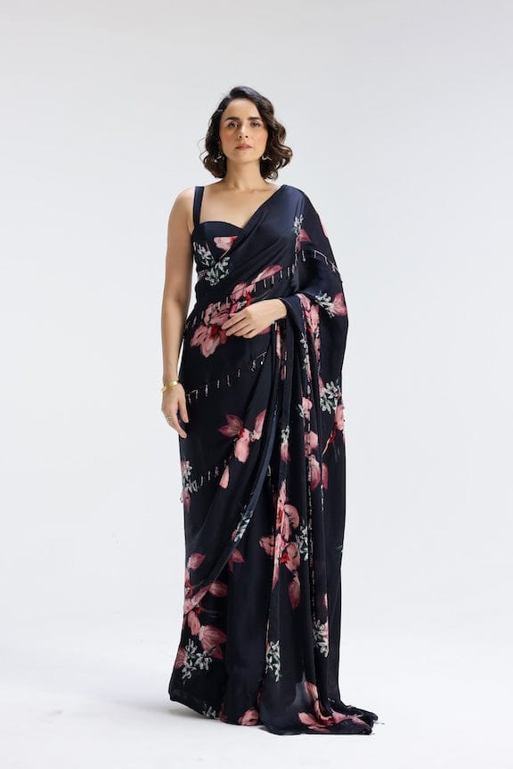 Black Floral Pre-Stitched Saree with Underwired Bustier — STUDIO SURBHI