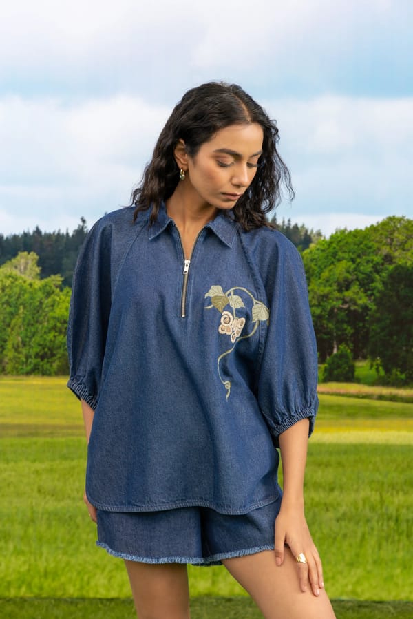 Dark Denim Raglan Shirt with Zip Neck and Embroidery — Eko Clothing