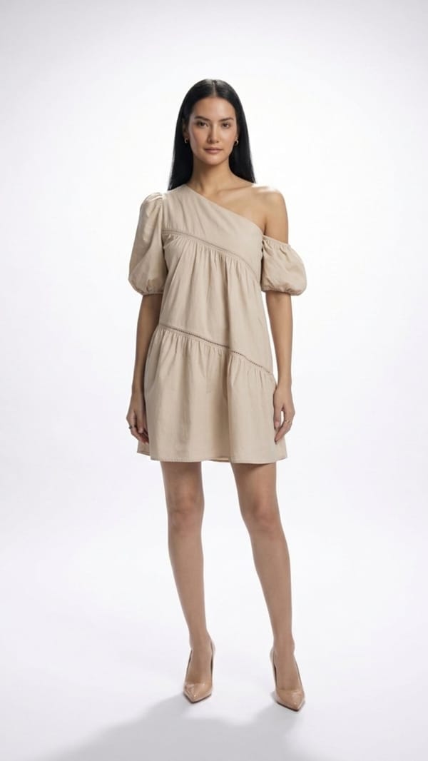 Beige One-Shoulder Tiered Mini Dress — Designs by Queen Bee