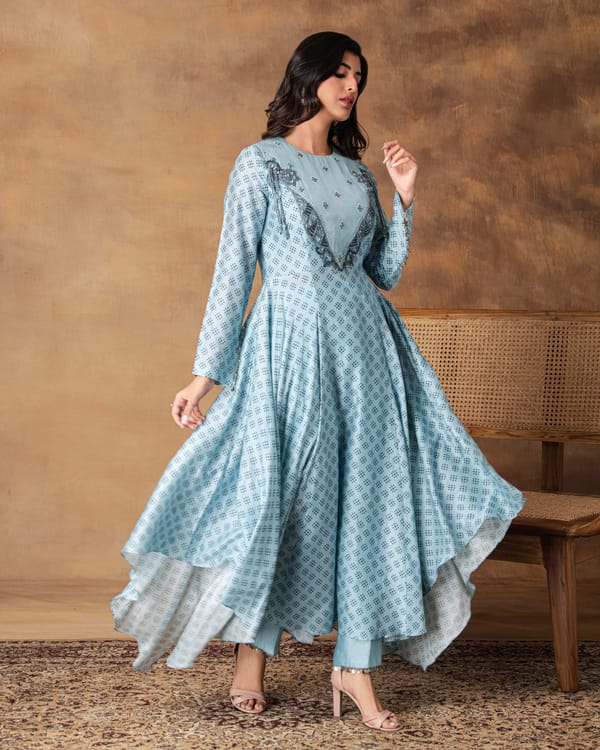 Zeenat Powder Blue Chanderi Asymmetric Kurta Set — ISHA GUPTA TAYAL