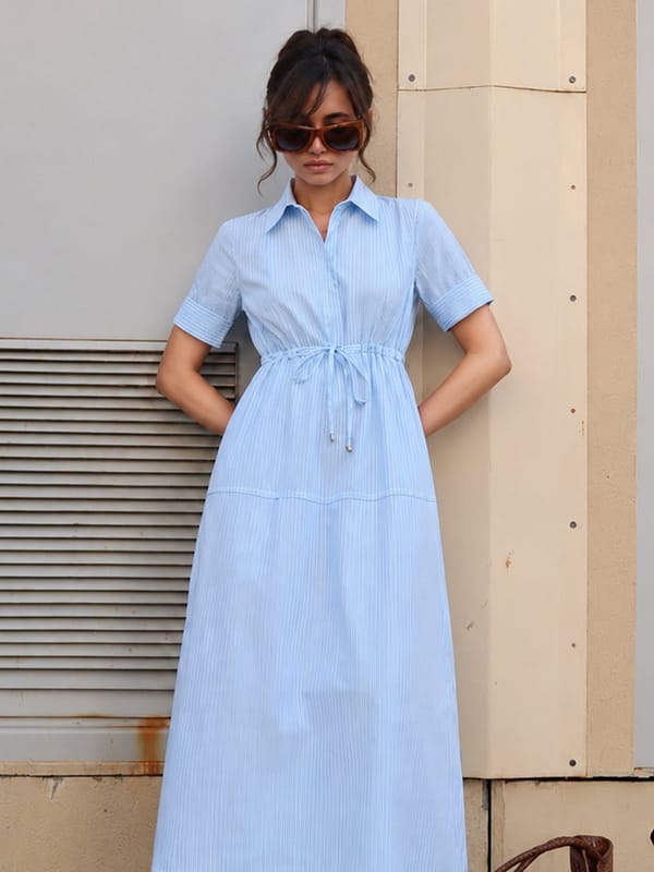 Blue Stripe Half Zip-Up Maxi Dress — Femmella