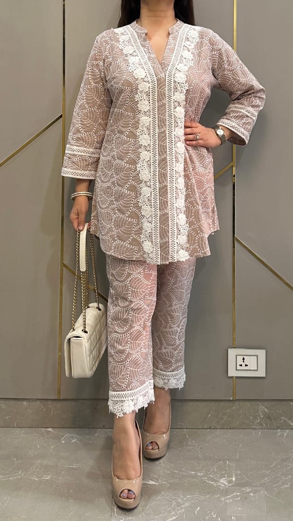 Almond Beige Cotton Chikankari Lace Co-ord Set — Kylee Fashions