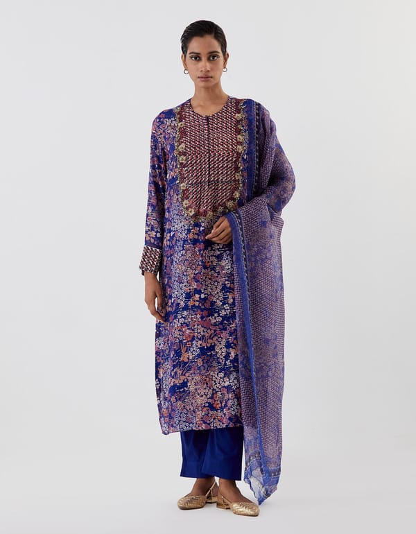 Blue Embellished Straight Kurta Set — Kavita Bhartia