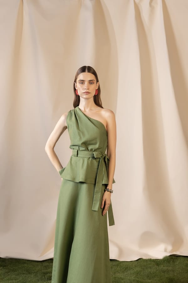Green One-Shoulder Peplum Top and Maxi Skirt Co-ord Set — House of Araish