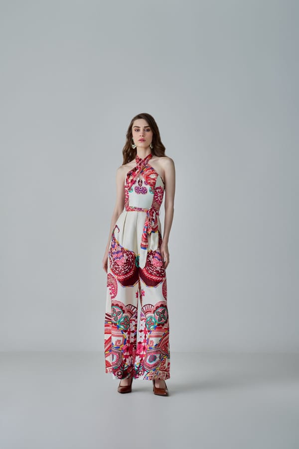 Ivory/Multi Paisley-Print Halter-Neck Jumpsuit with Belt — Saaksha and Kinni