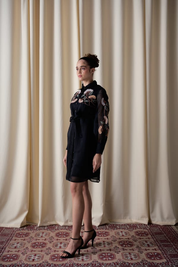 Black Sheer Organza Embroidered Shirt Dress with Slip — Love Kiki