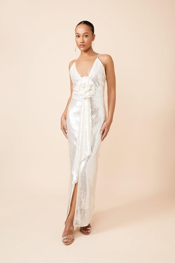 Ivory Sequin Plunge Neck Maxi Gown with Rosette Detail — KAREN MILLEN