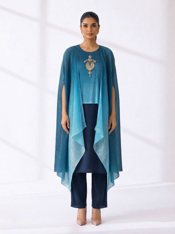 Ombre Ocean Blue Georgette Kaftan Co-ord Set — PREETI MEHTA