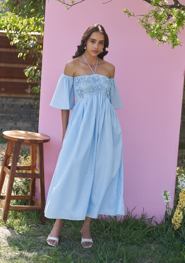 Powder Blue Off-Shoulder Halter Midi Dress — AMOSHI