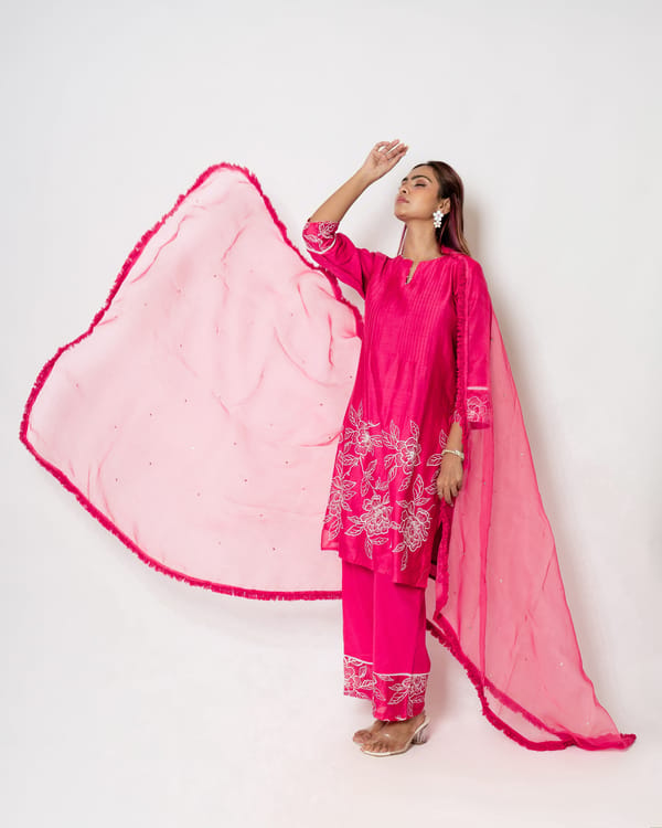 Fuchsia Charm Floral Embroidered Chanderi Suit Set — Kameez