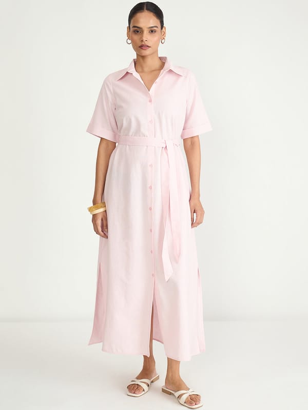 LinenLite Powder Pink Maxi Shirt Dress — Femmella
