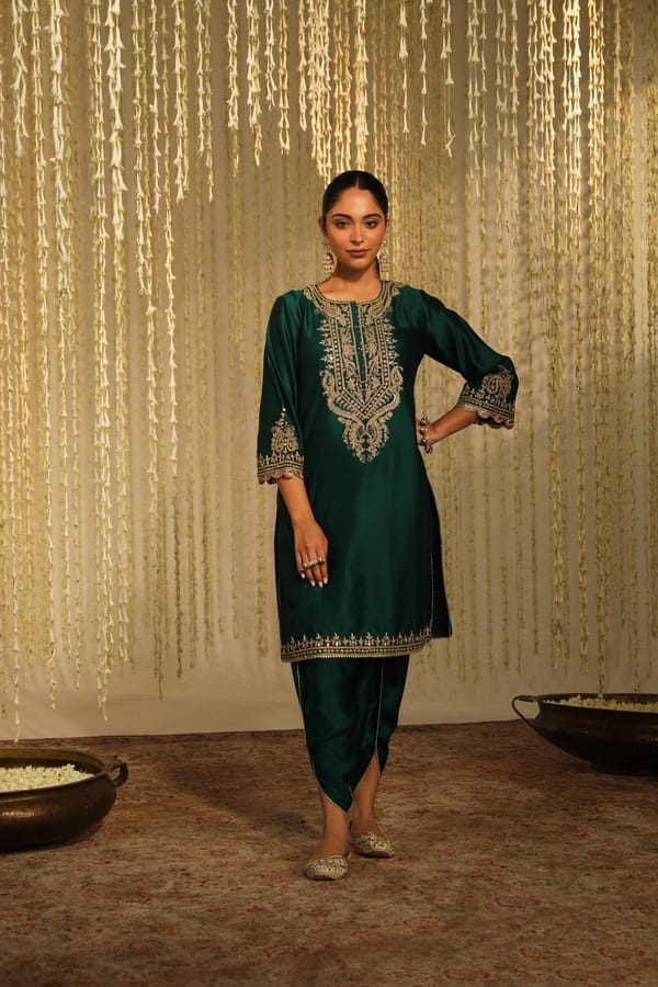 Emerald Green Embroidered Short Kurta and Dhoti Set — Sheetal Batra