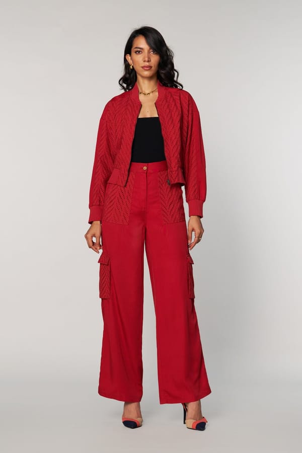 Rust Wide-Leg Cargo Trousers with Schiffli Detail — Style Island