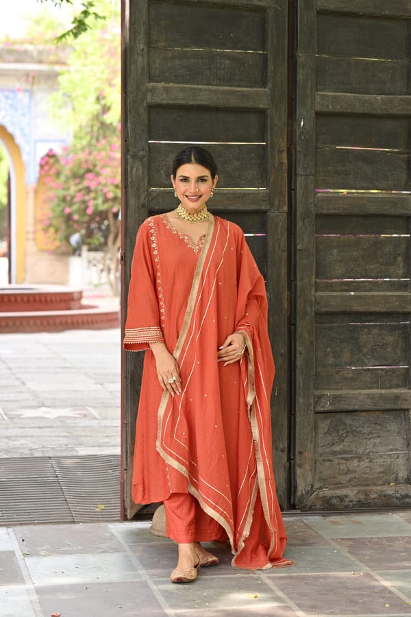 Rustic Orange Gota Work Mul Chanderi Suit Set — MAHEE JAIPUR