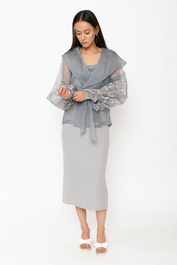 Grey Silk Organza Wrap Top with Embroidered Sleeves — Contemponari
