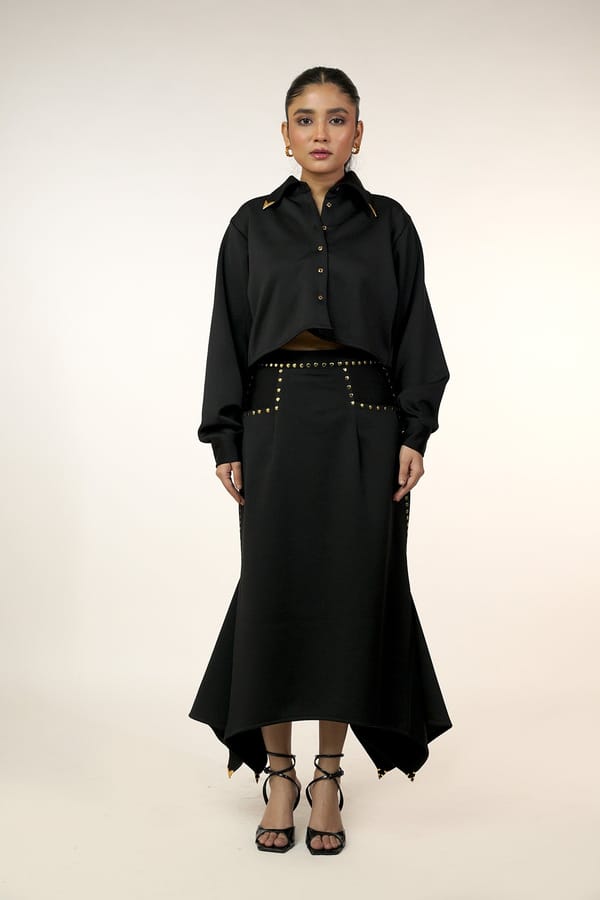 Black Suede Embellished Shirt and Midi Skirt Co-ord Set — 9899