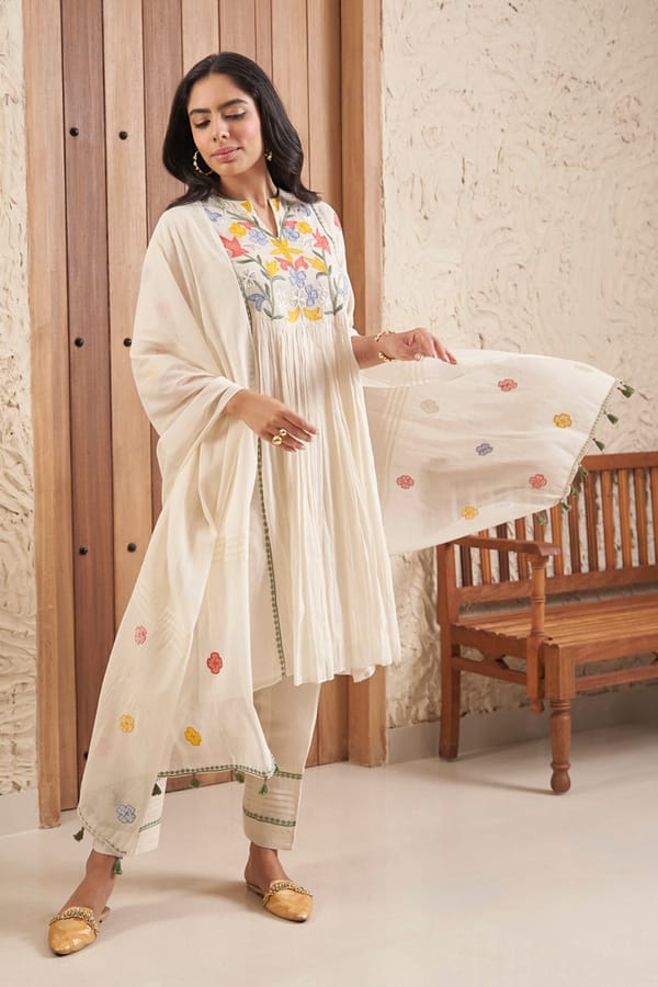 Ivory Mul Mul Straight Kurta Set With Embroidered Yoke — SAMATVAM