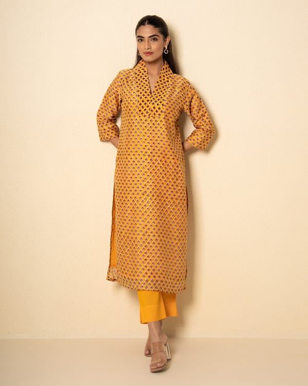 Floral Amber Chanderi Floral Block Print Kurta Set (Set of 2) — Kameez