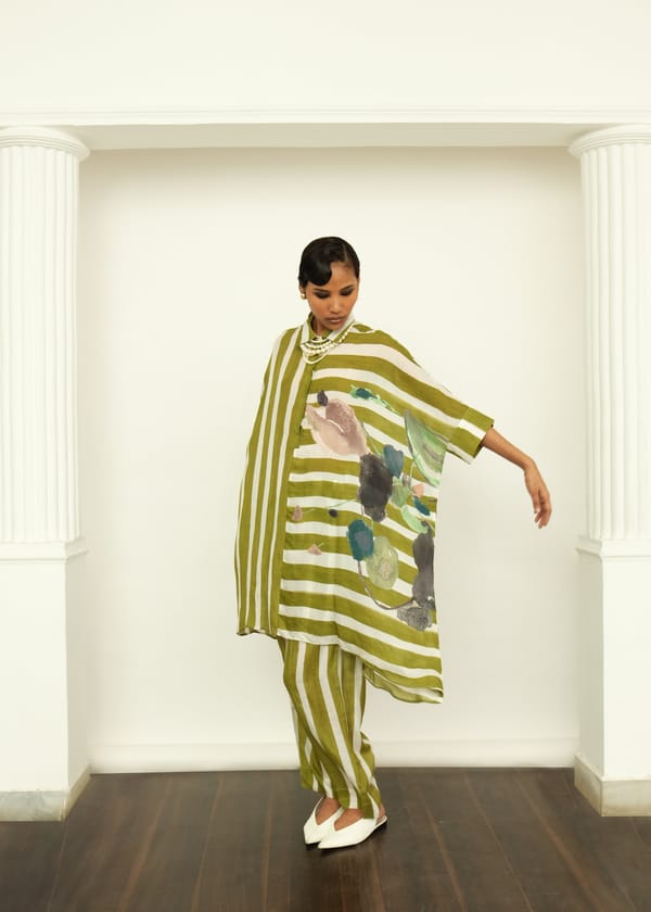 Olive and White Striped Anti-Fit A-Line Kurta — Ofrida