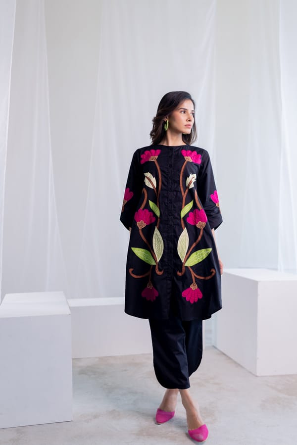 Black Cotton Poplin Appliqué Tunic and Pant Co-ord Set — Silai studio