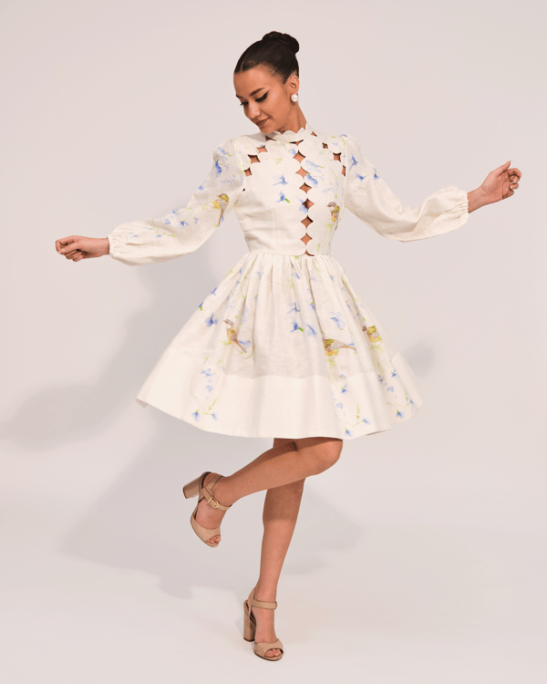 Scallop-Neck Printed Linen Cutwork Fit and Flare Mini Dress — Prink Tonic