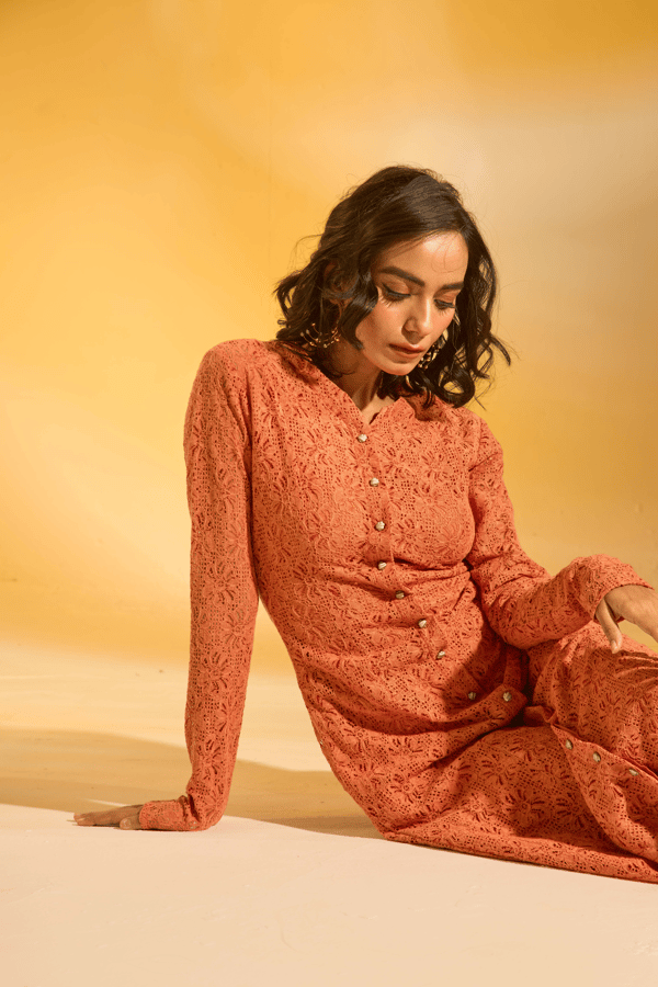Burnt Orange Lace Slim-Fit Button-Front Midi Dress — An'era by Asmita Verma