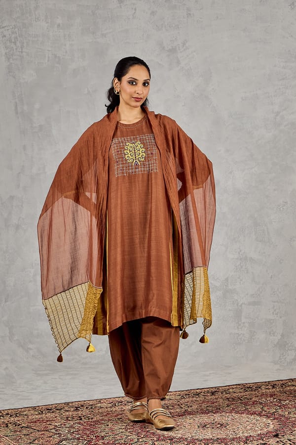 Brown Embroidered Kurta and Tapered Pants Co-ord Set — SHIVANI BHARGAVA